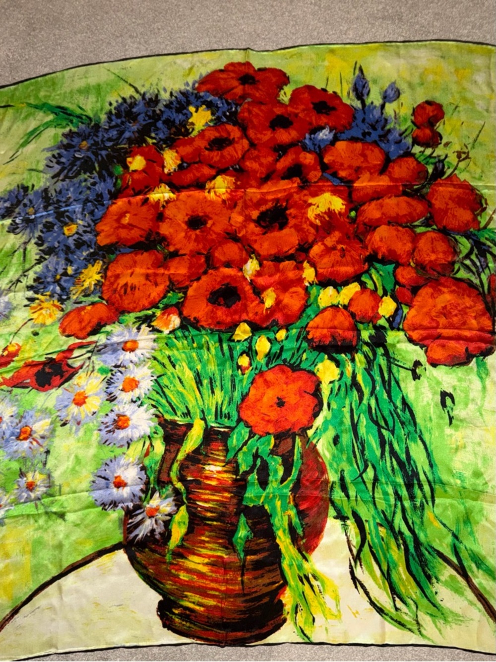 Vibrant Red Poppy & Wildflower 100% Silk Scarf/Gorgeous!🌺🌷🍃❤️💚💜🖤